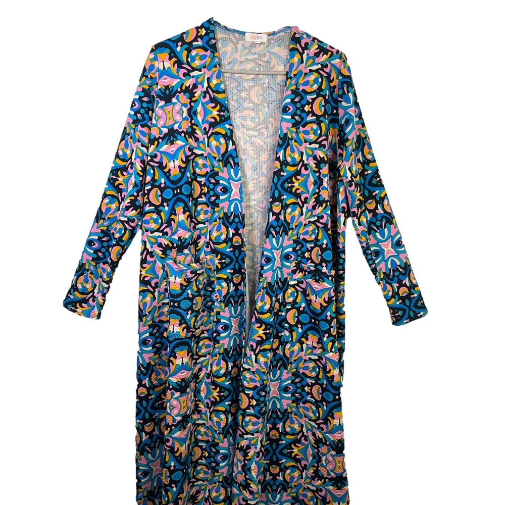 Like New Lularoe Sarah Cardigan Blue Pink Yellow Size Large
